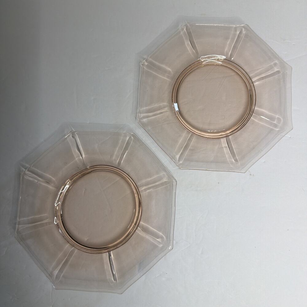 Pink Depression Glass Vintage Octagon 8” Plates Lot Of 2 MCM Decoration Gift